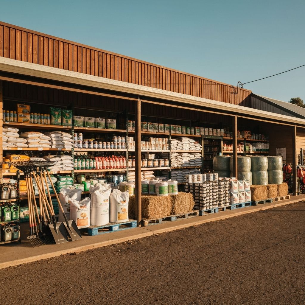 Inside Thompson's Rural Supplies store in Young NSW showing farm products and supplies